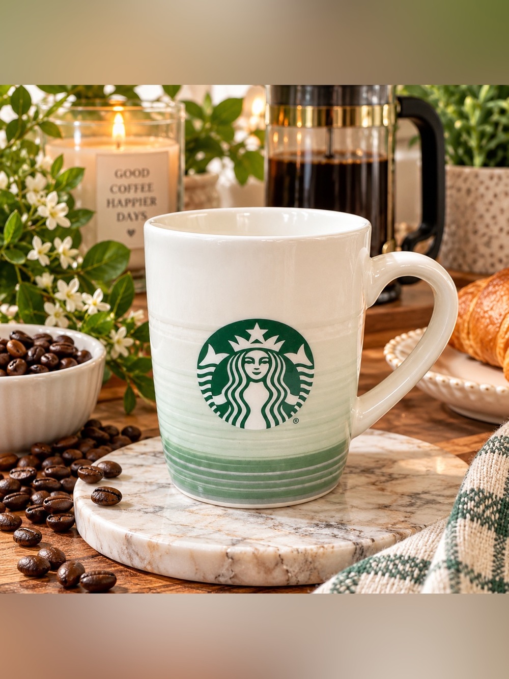 Starbucks White to Green Ombre Ceramic Mug with Green Siren Logo